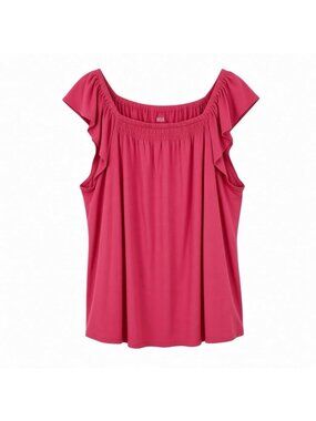 ANA Knit Top Size XL Raspberry Pink Flutter Sleeve Smocked Square Neck Peasant